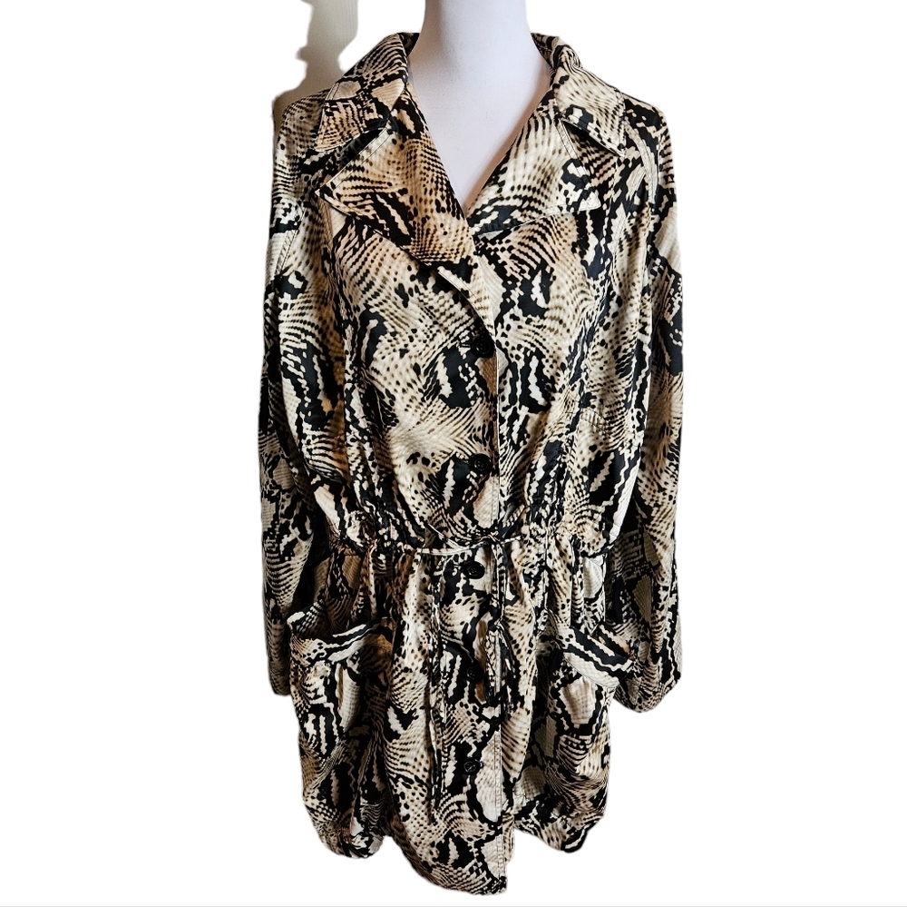 Ellen Tracy Anima Print Lightweight Jacket Sz L Roll-Tab Sleeve Cinch Waist Coat